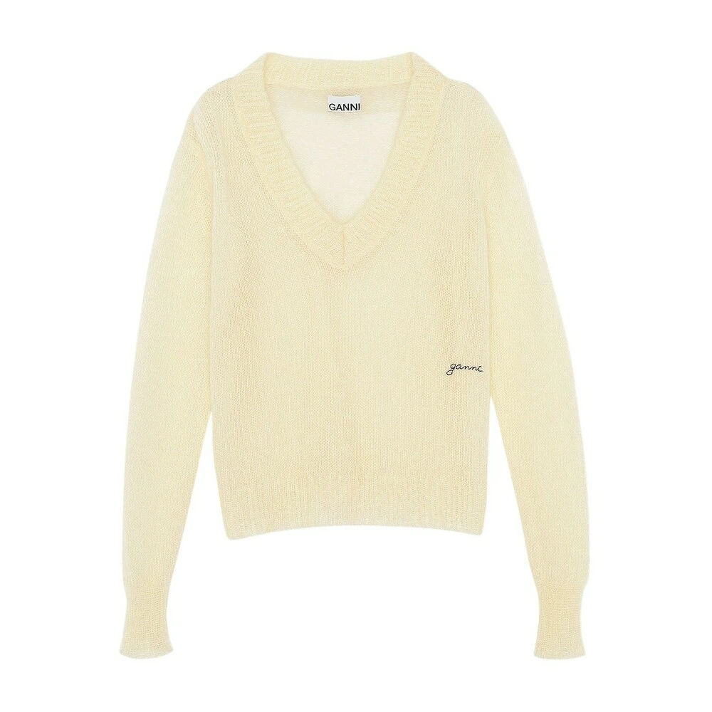 Ganni Open Mohair V-Neck Pullover Yellow