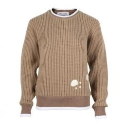 Thom Browne Chunky Waffle Knit Sweater With Engineered Bear Embroidery Beige