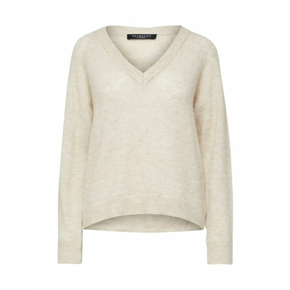 Selected Femme Slflulu Ls Knit V-Neck Gensere Beige