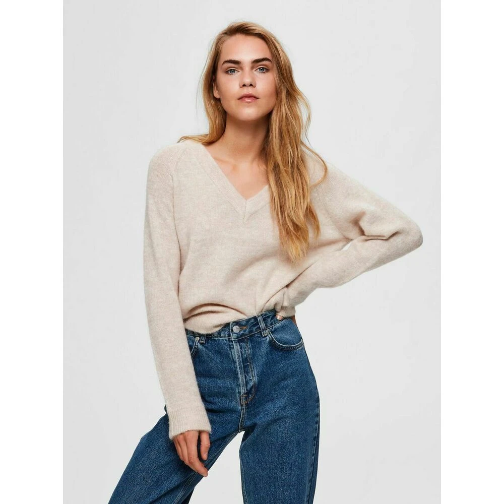 Selected Femme Slflulu Ls Knit V-Neck Gensere Beige - Bilde 2
