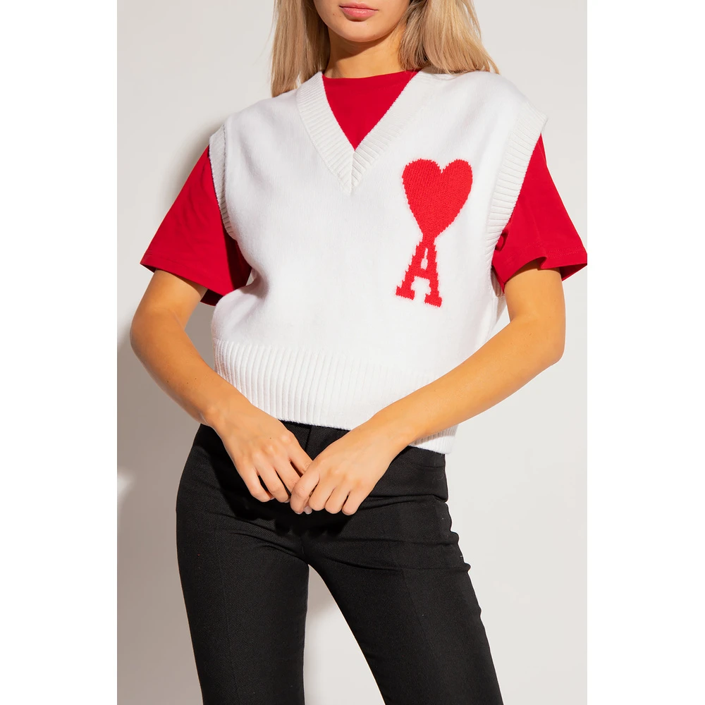 Ami Paris Wool Vest With Logo White - Bilde 3