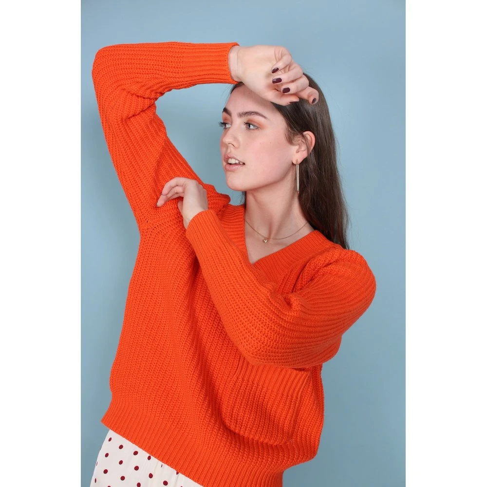 Second Female Faine Knit V-neck - Scarlet Ibis Orange - Bilde 4