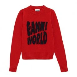 Rød Ganni Graphic Puff Shoulder Pullover Gensere Red