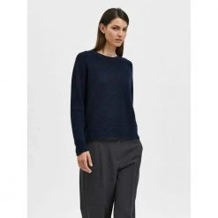 Selected Femme Lulu Ls Knit O-Neck - Dark Sapphire Melange Blue